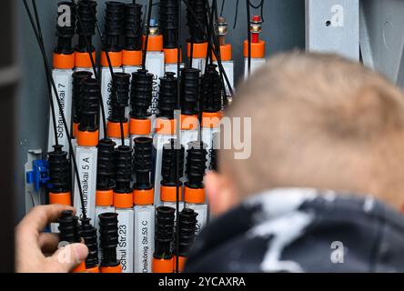 PRODUCTION - 22 octobre 2024, Hesse, Francfort-sur-le-main : un homme travaille sur une armoire de commande avec câbles à fibres optiques dans le quartier de Sachsenhausen. Photo : Arne Dedert/dpa Banque D'Images