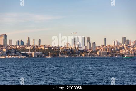 Istanbul, Turkiye - 8 octobre 2024 : vue panoramique d'Istanbul vue du milieu du Bosphore, bâtiments résidentiels, tours d'affaires et mosquées Banque D'Images