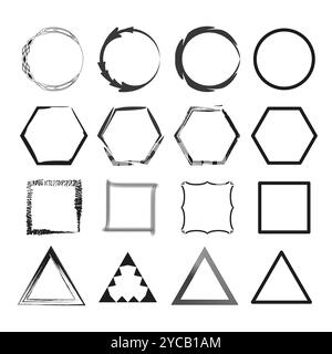 Une collection de seize cadres abstraits noir et blanc, y compris des cercles, des hexagones, des carrés et des triangles avec diverses lignes décoratives. Illustration de Vecteur