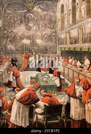 Réunion du conclave papal après la mort de Léon XIII Conclave des cardinaux réunion pour élire le nouveau pape après la mort de Léon XIII, gravure tirée du petit Journal, août 1903. Banque D'Images