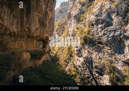 Parcourez l'impressionnante route de la rivière Cares, qui comprend des falaises abruptes, un sentier rocheux perfide creusé dans le flanc de la montagne et un mince pont métallique Banque D'Images