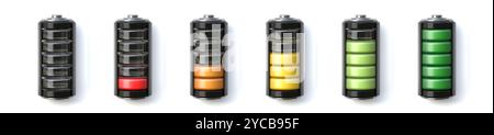 Ensemble d'indicateurs de charge de batterie avec niveaux de charge 3D rendu illustration isolé sur fond blanc Banque D'Images