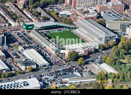 Un tir par drone de la ville de Leicester Tigers Rugby Stadium, East Midlands, Angleterre Royaume-Uni Banque D'Images