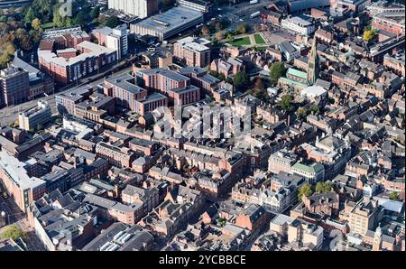 Une photo prise par drone du centre-ville de Leicester, East Midlands, Angleterre, Royaume-Uni Banque D'Images