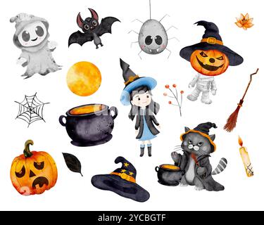 Chat noir, fantômes, citrouille, chapeau, monstres, maison, chauve-souris, araignée. Ensemble aquarelle d'Halloween. Clipart de personnage pour enfants Banque D'Images