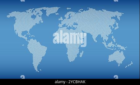 Carte du monde avec motif de points radiaux sur fond bleu acier. Des points blancs allant du centre vers l'extérieur forment la silhouette de la surface de la Terre. Banque D'Images