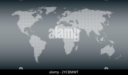 Silhouette du monde avec des points demi-teintes blancs, variant en taille et en espacement, sur dégradé de gris. Carte du monde sauf Antarctique. Banque D'Images