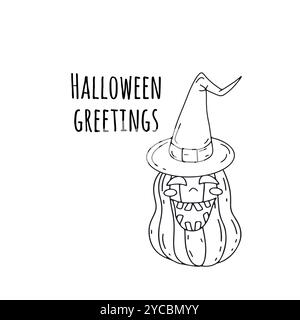 Carte ou affiche avec illustration mignonne d'Halloween avec jack-o-lanter portant un chapeau de sorcière Illustration de Vecteur