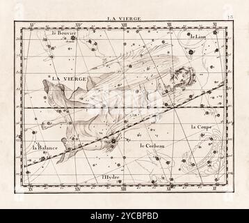 Illustration de constellation vintage du début du XVIIIe siècle. Une carte céleste détaillée mettant en valeur les étoiles et les constellations, magnifiquement rendue Banque D'Images