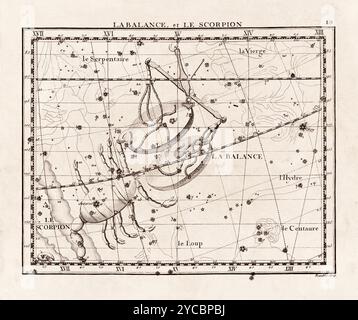 Illustration de constellation vintage du début du XVIIIe siècle. Une carte céleste détaillée mettant en valeur les étoiles et les constellations, magnifiquement rendue Banque D'Images