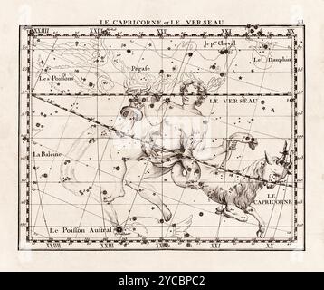 Illustration de constellation vintage du début du XVIIIe siècle. Une carte céleste détaillée mettant en valeur les étoiles et les constellations, magnifiquement rendue Banque D'Images