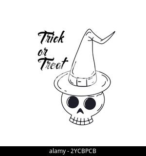 Carte ou affiche avec illustration mignonne d'Halloween avec un crâne humain portant un chapeau de sorcière Illustration de Vecteur