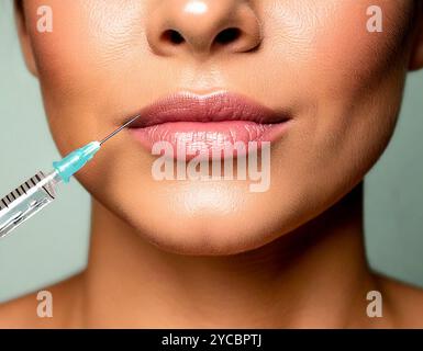 Gros plan sur les lèvres d’une jeune femme caucasienne adulte recevant une injection de mastic cosmétique avec une seringue et une aiguille, un traitement de beauté et de dermatologie pro Banque D'Images