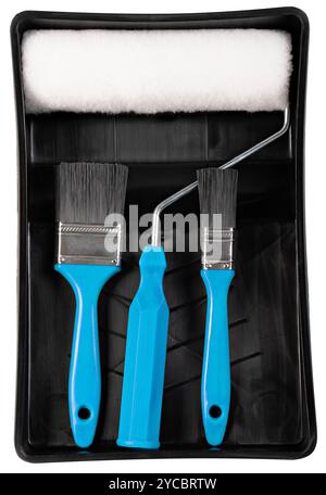 kit de peinture murale brosse et rouleau. kit de peinture murale brosse et rouleau. Décorateurs décorant rouleau et pinceau ensemble sur fond blanc Banque D'Images