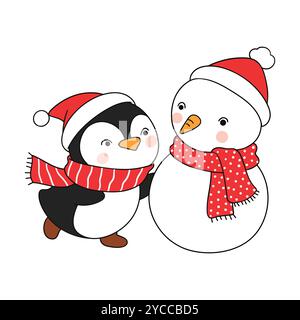 Pingouin mignon dans Red Hat et écharpe avec bonhomme de neige - Winter Fun Vector illustration Illustration de Vecteur