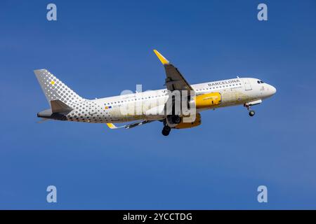 Vueling Airlines Airbus A320-232 (REG : EC-MNZ) dans la palette de couleurs spéciale 'We Love places - Barcelona special'. Banque D'Images