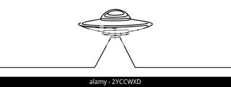 Soucoupe volante en une ligne sur un fond blanc. Objet volant non identifié avec un faisceau lumineux. Véhicules volants d'extraterrestres. Image vectorielle Illustration de Vecteur