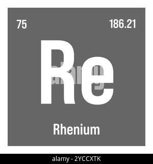 Rhénium, Re, élément de table périodique avec nom, symbole, numéro atomique et poids. Métal de transition à diverses utilisations industrielles, comme dans les superalliages, les contacts électriques et comme catalyseur dans certaines réactions chimiques. Illustration de Vecteur