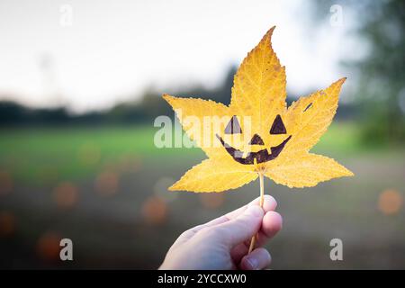 Main tenant une feuille de liquidambar jaune avec le dessin d'un visage de citrouille d'halloween sur elle au coucher du soleil. Fond d'automne avec espace de copie. Banque D'Images