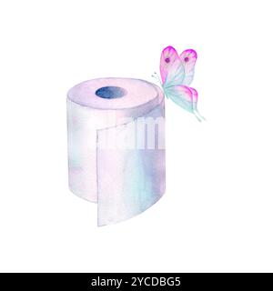 Rouleau de papier toilette aquarelle et papillon isolé sur fond blanc. Aquarelle illustration dessinée à la main. Symbole, signe de propreté et d'hygiène. Banque D'Images