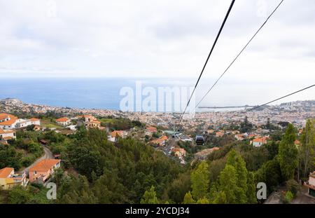 Téléphérique avec cabines au-dessus de la ville et de la mer à Funchal vu de Monte. Île de Madère, Portugal Banque D'Images