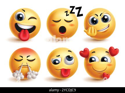 Jeu vectoriel de personnages mignons emoji. Émoticône visage personnage dans des expressions faciales stupides, coquines, somnolentes, arrogantes, folles et amoureuses pour icône graphique 3D. Illustration de Vecteur