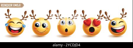 Jeu de vecteurs de caractère emoji renne. Émoticône renne personnage 3D dans heureux, drôle, dans l'amour et l'expression faciale clin d'œil avec l'icône de corne cervidée Illustration de Vecteur