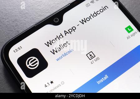 22 octobre 2024, Brésil. Dans cette illustration photo, le logo de l'application World est affiché sur l'écran d'un smartphone Banque D'Images