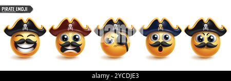 Jeu de vecteurs de caractères emoji pirate. Emojis personnages 3d en pirate, capitaine et marin profession jaune rond icône éléments portant patch et chapeau Illustration de Vecteur