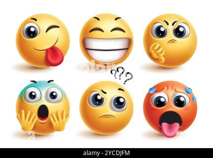 Vecteur de jeu d'émoticônes emojis. Émoticônes personnages emoji heureux, drôle, en colère, déçu, choqué et demandant expression faciale en fond blanc. Illustration de Vecteur