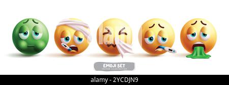 Jeu vectoriel de personnages malades emoji. Emojis maladie émoticône expressions faciales comme la grippe, la nausée, les éternuements, la fièvre et le vomi collection d'éléments d'icône Illustration de Vecteur