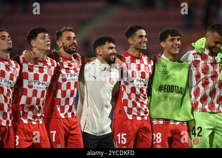 Gérone, ESP. 22 octobre 2024. GIRONA FC-SLOVAN BRATISLAVA 22 octobre 2024 les joueurs de Girona célèbrent la fin du match de phase de la Ligue des Champions 2024/25 de l'UEFA entre Girona FC et Slovan Bratislava au stade municipal de Montilivi à Gérone, en Espagne. Crédit : Rosdemora/Alamy Live News Banque D'Images