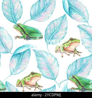 Motif sans couture avec des feuilles abstraites bleues dessinées à la main et de jolies grenouilles vertes. Imprimé mignon original. Banque D'Images