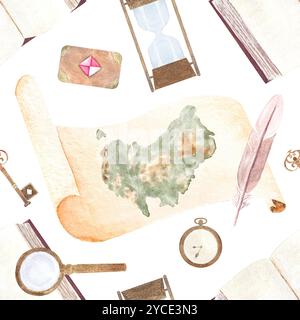 Un parchemin, avec carte de l'Australie, montre de poche, loupe, motif aquarelle sans couture Quill isolé sur blanc. Dessiné à la main pour stationnaire Banque D'Images