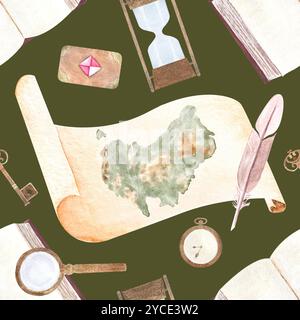 Un parchemin, avec carte de l'Australie, montre de poche, loupe, motif aquarelle sans couture sur fond vert. Dessiné à la main pour stationnaire Banque D'Images