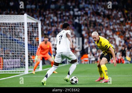 Vinicius Junior du Real Madrid et Julian Ryerson du Borussia Dortmund lors du match de football de la Ligue des Champions de l'UEFA, phase de ligue, journée 3 entre le Real Madrid et le Borussia Dortmund le 22 octobre 2024 au stade Santiago Bernabeu de Madrid, Espagne Banque D'Images