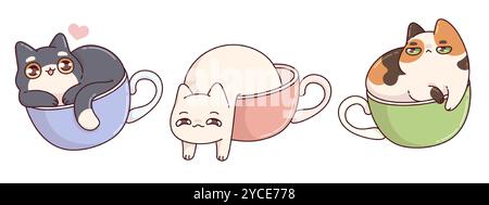 Chats Kawaii dans des tasses ensemble isolé sur fond blanc. Illustration de bande dessinée vectorielle contemporaine de personnages de chaton mignons assis et couchés dans la tasse, animal heureux et grincheux, autocollants drôles pour le café Illustration de Vecteur
