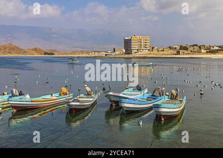 Bateaux de pêche ancrés dans le port de Mirbat, province de Dhofar, péninsule arabique, Sultanat d'Oman Banque D'Images