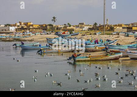 Bateaux de pêche ancrés dans le port de Mirbat, province de Dhofar, péninsule arabique, Sultanat d'Oman Banque D'Images