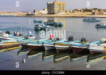 Bateaux de pêche ancrés dans le port de Mirbat, province de Dhofar, péninsule arabique, Sultanat d'Oman Banque D'Images