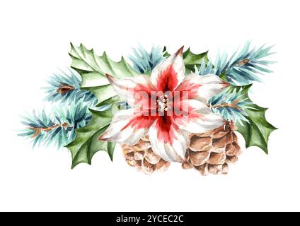 Décoration de Noël avec sapin, branches d'épinette bleue, fleur de poinsettia et pomme de pin. Aquarelle réelle illustration peinte à la main, isolée sur bac blanc Banque D'Images