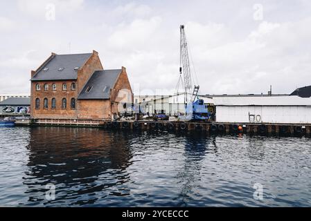 Copenhague, Danemark, 12 août 2016 : Port de Copenhague avec grue bleue un jour nuageux d'été, Europe Banque D'Images