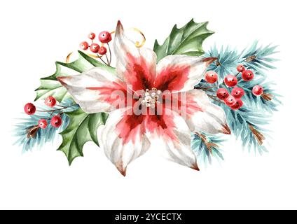 Décor de Noël avec sapin, branches d'épinette bleue, fleur de poinsettia et baies rouges. Aquarelle réelle illustration peinte à la main, isolé sur blanc b Banque D'Images