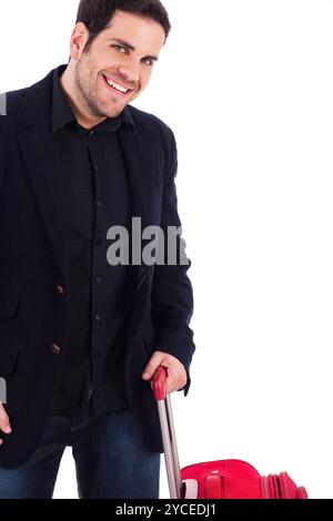 Jeune homme avec ses bagages sur un fond blanc Banque D'Images