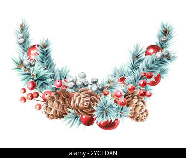 Couronne de Noël faite de branches d'épinette bleue et décorations d'arbre de l'année NW. Aquarelle illustration dessinée à la main réelle isolée sur fond blanc Banque D'Images