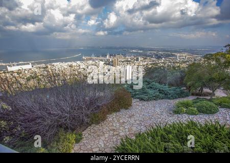 Une vue idyllique sur les jardins Bahai, la ville de Haïfa et le port sur le côté gauche : plantes : buissons de genévrier un buissons d'Arctostaphylos et une tapette de jardin en pierre Banque D'Images