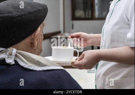 Homme âgé nourri par soignant en maison de retraite. graphique Banque D'Images