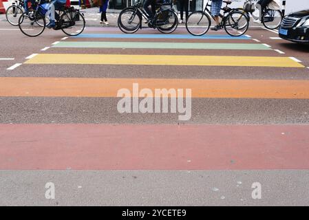 Utrecht, pays-Bas, 4 août 2016 : passerelle arc-en-ciel à Utrecht avec passage de vélos Banque D'Images