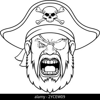 Pirate Captain Angry Mascot Cartoon Man face Head Illustration de Vecteur