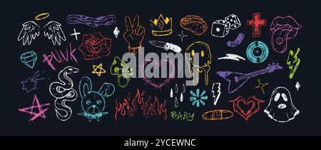 Graffiti au charbon de bois, symboles doodle punk. Autocollants en métal lourd colorés dessinés à la main avec emoji de visage de fonte, agarique de mouche, flamme brûlante, coeur de fil gothique, dés, assiette à musique. Crayon craie icônes rock Illustration de Vecteur